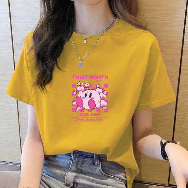 เสื้อยืดสำหรับผู้หญิงคอกลมแขนสั้นพิมพ์ลายการ์ตูนสีดำลำลองใหม่ฤดูร้อนเสื้อแฟชั่นสำหรับผู้หญิงหลวมง่ายสไตล์เกาหลี