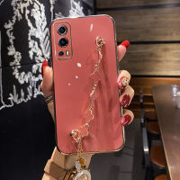 Maitus เคสสำหรับ Vivo Y77 5G Y76 5G Y75 5G Y72 Y73 5G 5G สร้อยข้อมือโคลเวอร์4ใบหรูหรากรอบสี่เหลี่ยมชุบ6D หรูหรากรอบเคลือบเงาเคสมือถือป้องกันซิลิโคนฝาหลัง