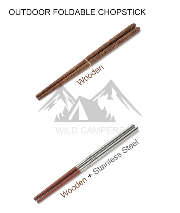 SET) Outdoor Camping Foldable Wooden + Stainless Steel Chopstick