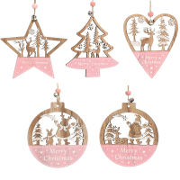 5pcs Christmas Hanging Wooden Ornaments, Wood Cutouts Pendants Rustic Pink Xmas Tree Ornaments