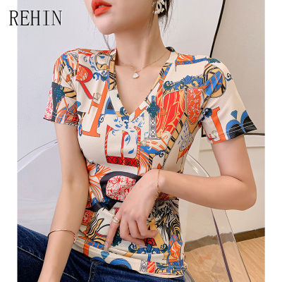 REHIN เสื้อยืดผู้หญิงเสื้อยืดแขนสั้นคอวีพิมพ์ลายไม่เหมือนใครแฟชั่นใหม่ฤดูร้อน