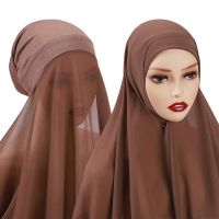 ；【‘；- Muslim Chiffon Scarf For Women Fashion Veil Instant Hijab Wrap Headscarf Islam Solid Color Cap Musulman Wrap Scarves 25 Colors