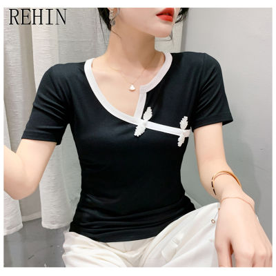 REHIN เสื้อยืดแขนสั้นผู้หญิงคอวี,สีการชนแฟชั่นใหม่หรูหราหัวเข็มขัดลูกปัดย้อนยุคเสื้อเชิ้ตตัวเล็กบาง