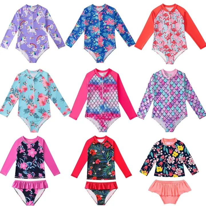 Floral Mermaid Toddler Baby Girl Swimwear Long Sleeve Infant Bathing Suits Bright Ruffle Swimsuit Kids One Piece Beachwear