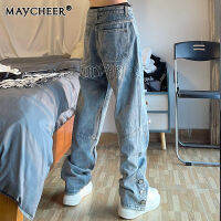 MAYCHEER  กางเกงปักลายใหม่หลวมกางเกงยีนส์ลำลองแฟชั่นของผู้ชาย