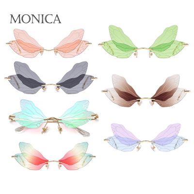 Butterfly Sunglasses Rimless Dragonfly Wing Sunglasses Women Vintage Clear Ocean Lens Eyewear Men Pink Sun Glasses Shades UV400 Cycling Sunglasses