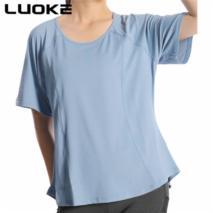 luoke-โยคะผู้หญิงผ้าพันคอแห้งเร็วระบายอากาศดีเสื้อยืดสองส่วนเสื้อวิ่งเสื้อแขนสั้นออกกำลังกายโยคะ