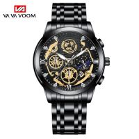 ⌚นาฬิกาแบรนด์ VAVA VOOM สำหรับผู้ชายแฟชั่นนาฬิกาข้อมือสแตนเลสหน้าปัดกลวงนาฬิกาคาเลนดาร์ควอทซ์เป็นทางการสุดหรูใหม่ล่าสุด