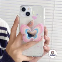 SDFGERGEH สําหรับ IPhone 14 เคสโทรศัพท์มือถือ Tpu นิ่ม แบบกระจกใส ปิดด้านหลัง ลายผีเสื้อ สีชมพู พร้อมขาตั้ง สไตล์เกาหลี สําหรับ IPhone 11 12 13 14 Pro Max