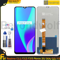 Beyondwolf จอ LCD 6.5นิ้วของแท้สำหรับ Realme C11/C12/C15/Narzo 20/30A/Q2i/V3จอแสดงผลหน้าจอสัมผัส LCD อะไหล่จอแสดงผลจอแอลซีดี Huawei สำหรับ C12 C11 Realme C15 Narzo 20 30A Realme Q2i V3 RMX2189 RMX2185 LCD RMX3171 RMX2180