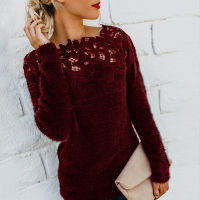 Plus Size 5X y Lace Hollow Out Slash Neck Sweater Casual Fleece Plush Patchwork Pullover Tops Elegant Jumper Knitwear Women