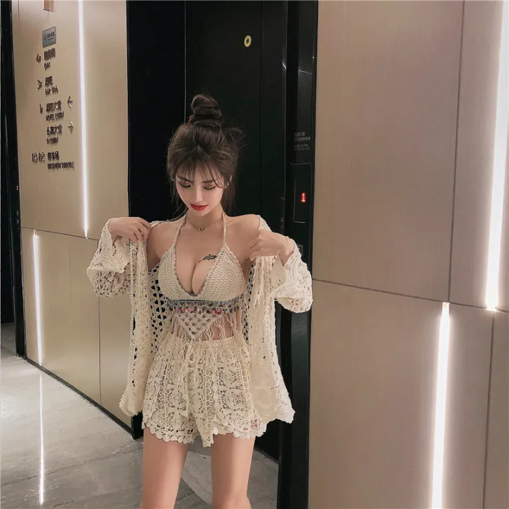 Knitted bikini three-piece suit covering the belly and slimming fairy fan sexy three-point smock ...