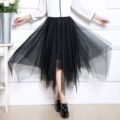 ‘；’ Gothic Black Mesh Irregular Long Skirt Women Multilayer Dark Aesthetic Fairy Grunge Midi Skirts Punk Emo Alt Korean Fashion
