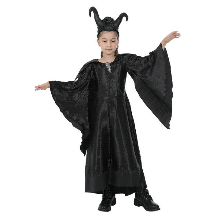 ภาพยนตร์-maleficent-สาว-ๆชุดคอสเพลย์ฮาโลวีนเด็กชุดราชินีสีดำพร้อมแตร