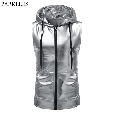 【Feb】 Sliver Metallic Zip Up Sleeveless Hoodie T Shirt Men Tin Man Costume 2019 Nightclub Styles Party Disco Wear Tshirt with Pocket