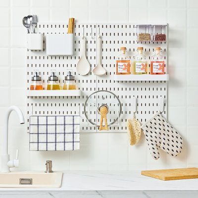 DIY Pegboard อุปกรณ์เสริมชั้นวางถังเก็บตะขอวงเล็บคลิปติดผนังจอแสดงผล Pegboard แผงไม่มีเจาะสำหรับผนังออแกไนเซอร์