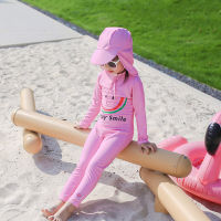 Childrens Swimwear 2022 New Beachwear Set With Hat Rainbow Happy Smiley Print Beach Surfwear Long Sleeve Sunscreen