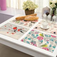 【LZ】♤  42x32cm Bird Pattern Kitchen Placemat Cotton Linen Flower Pad Dining Table Mats Coaster Bowl Cup Mat For Home Decor