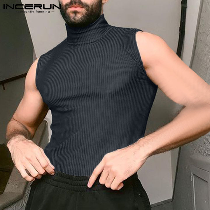 incerun-เสื้อถักแขนกุดคอสูงของผู้ชาย-เสื้อเบลาส์ฟิตกล้ามเนื้อสำหรับใส่ไปยิมสไตล์ตะวันตก