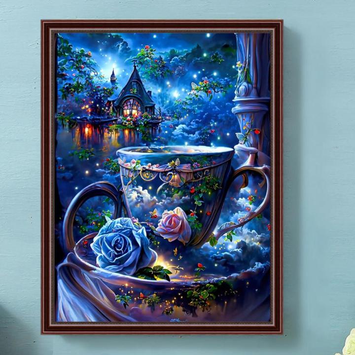 ชุดภาพวาดเพชรเจาะเต็มรอบถ้วยน้ำชา5d-งานฝีมือศิลปะกุหลาบแต่งบ้าน-diy
