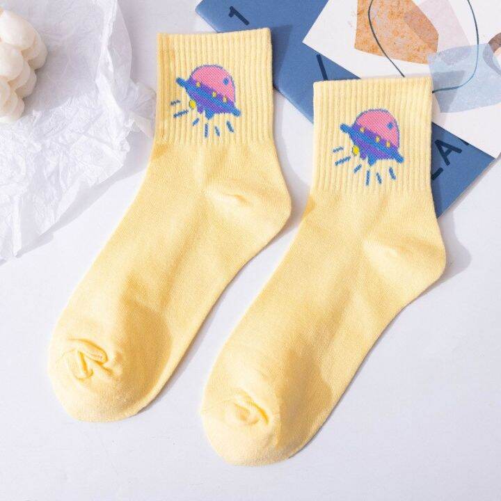 college-style-women-cotton-socks-fashion-cartoon-planet-fruit-middle-tube-girl-socks