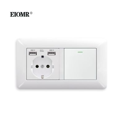 EIOMR แท่นเสียบสวิตซ์เปิด/ปิดมาตรฐาน EU 1 Gang 1 Way/2 Way สวิตช์ไฟ16A สีขาวกรอบคู่ผนังฝัง USB ป๊อปซ็อกเก็ต