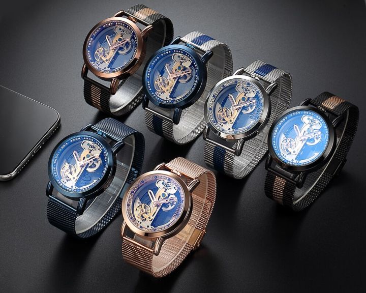 โปร่งใสแฟชั่น-tourbillon-นาฬิกาผู้ชายสีฟ้าหน้าปัดคริสตัลสายนาฬิกาแบบถักอัตโนมัตินาฬิกาข้อมือ-reloj-กลไก2023