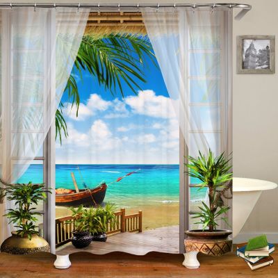 3D Printed Beach Landscape Shower Curtain Rural Garden Waterproof Polyester Fabric Home Background Wall Decor Bathroom Curtain
