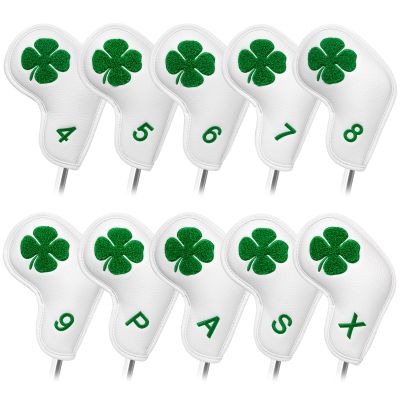 Golf Iron Head Covers 10pcs/set Golf Club Iron Headovers with Velc-ro Towel Embroidery Lucky Clover White Premium leather Towels