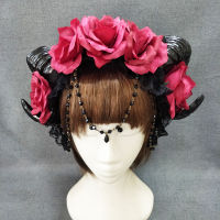 Gothic RAM Horns Headband Hair accessories Red Flowers Chain Crown Costumes Headdress Halloween Party Accessories