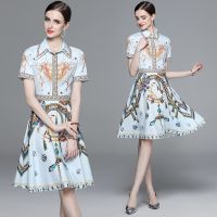 Waist Tight and Women Printed Sleeve Dress New Midi Lapel Fashion Short 2023-New Dress