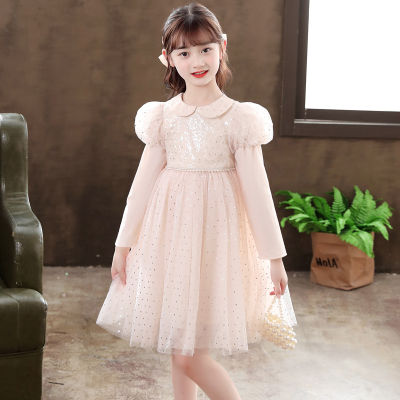 สีชมพูอ่อนสาวเจ้าหญิงชุด A-Line ฤดูใบไม้ร่วง2022เวอร์ชั่นเกาหลีใหม่ของชุดเจ้าหญิงลายจุดแขนยาวชุดคอตุ๊กตา