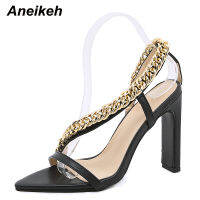 Aneikeh Summer Fashion PU Metal Chain Womens High Sandals  NEW Sewing Platform Heigh Square Heels Buckle Strap Shallow Sexy