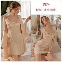 2023 Hot Solid Color Satin Deep V-Neck Low Cut Temptation Chest Pad Waist Side Cutout Sling Home Nightdress Outerwear Gown Suit P3144