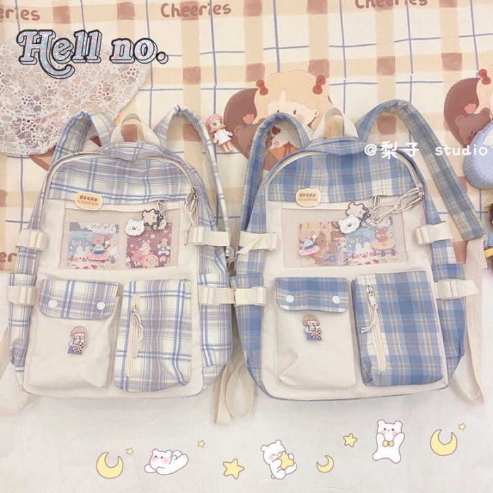 korean-version-trend-backpack-new-simple-plaid-girls-backpack-cartoon-cute-couple-campus-school-bag