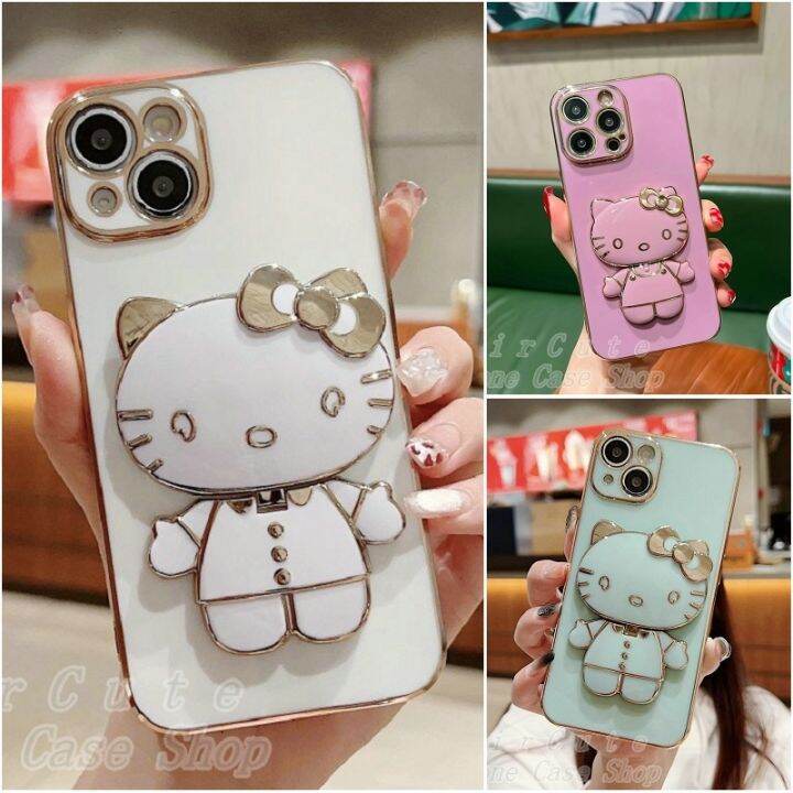 เคส-iphone-8-7-plus-14-13-12-11-pro-max-x-xr-xs-max-8plus-7plus-iphone8-iphone7-iphone14-iphone13-iphone12-iphone11-white-purple-green-plating-hello-kitty-cosmetic-mirror-stand-soft-case