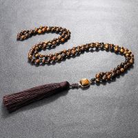 ZZOOI Nature Tiger Eye Stone Necklace 108 Japamala Beaded Charm Stylish Tassel Necklaces Handmade Tibetan Buddha Yoga Jewelry Gift