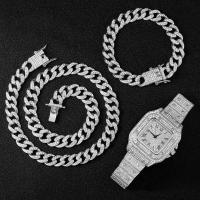 Necklace +Watch+Bracelet Hip Hop Miami Curb Cuban Chain Gold Full Iced Out Paved Rhinestones CZ Bling For Men Jewelry