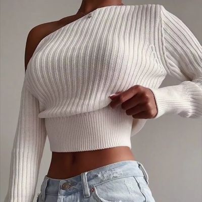 HAASKEW New Sexy Off Shoulder Women Sweater Jumper Long Sleeve Knitted Crop Tops Fashion Solid Lady Pullover Sweaters