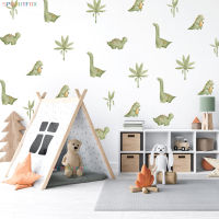 Cute Little Dinosaur Wall Sticker for Baby Nursery Room Living Room Green Leaves Herbivorous Dinosaur Home Decor PVC Wallpaper