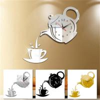 ZZOOI 3D Coffee Cup Teapot Self Adhesive Acrylic Mirror Clock Wall Stickers for Home Living Room Decor Wall Clock Wall Sticker Clock