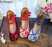 Handmade Spring Floral Embroidered Women Canvas Ballet Flats High Top Ankle Strap Vintage Ladies Cotton Casual Shoes