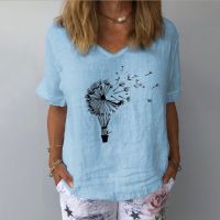 Summer Cotton And Hemp Tops Womens Dandelion Print Short Sleeve T-shirts Casual V-neck Pullovers Top Fashion Street White Tees