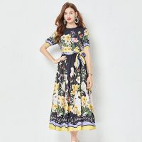 Ladies New Dress Real Shot  Positioning Flower Print Large Swing Dress Short Sleeve A- Line Dress