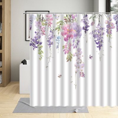 Purple Pink Flowers Shower Curtain Watercolor Floral Butterfly Dragonfly Creative Design Modern Nordic Decor Bathroom Curtains