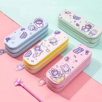 Cartoon Cute Leather Pencil Case Space Party Double-layer Pencil Case Large-capacity Student Stationery Box School Student Gift