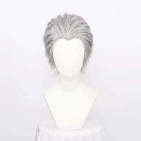 Mens Synthetic Vergil Cosplay Wig Short Silver Grey Slicked-Back Hair Heat Resistant Hair Wig + Wig Cap