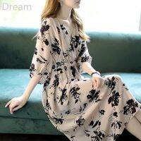 Womens Korean-style V-neck printed high-end waist-tight elegant slimming dress V729