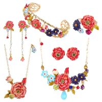 Parrot Rose Series Set Enamel Color Glazed Red Flower Bird Long Necklace Bracelet Earrings Ring Wholesale For Woman