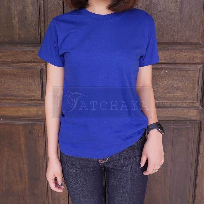 tatchaya-เสื้อยืด-คอตตอน-สีพื้น-คอกลม-แขนสั้น-blue-สีน้ำเงิน-cotton-100